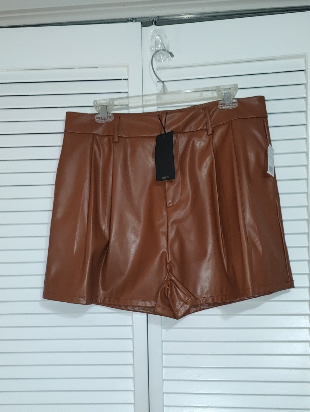 Shinestar High-Waist Faux Leather Shorts in Chestnut